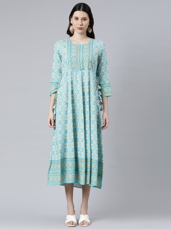 Neerus Sea Green Color Cotton Fabric Floral Kurta