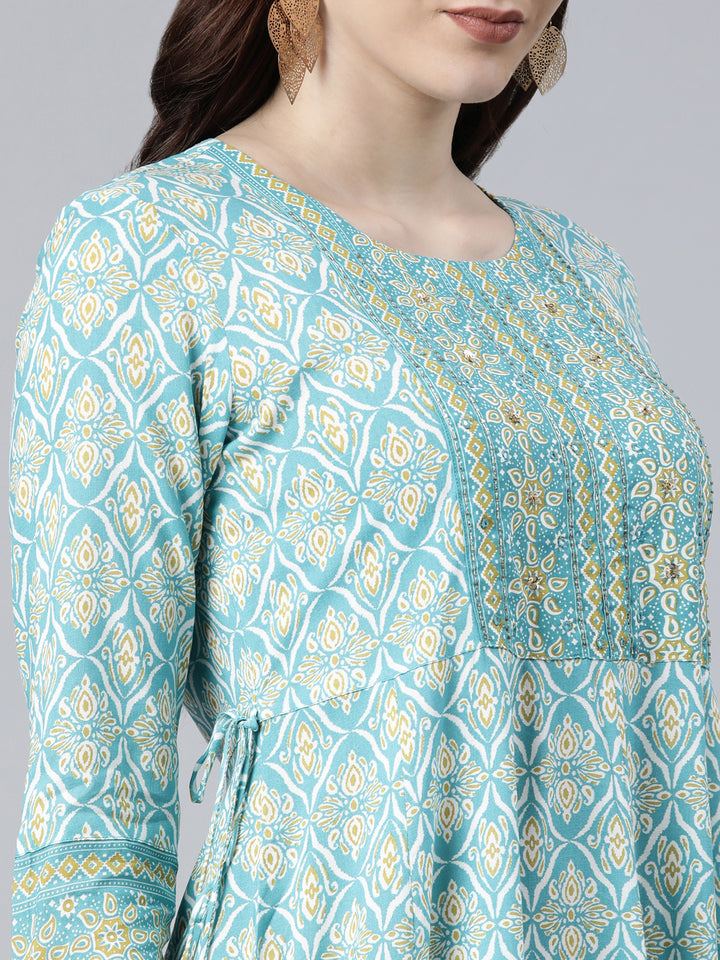Neerus Sea Green Color Cotton Fabric Floral Kurta
