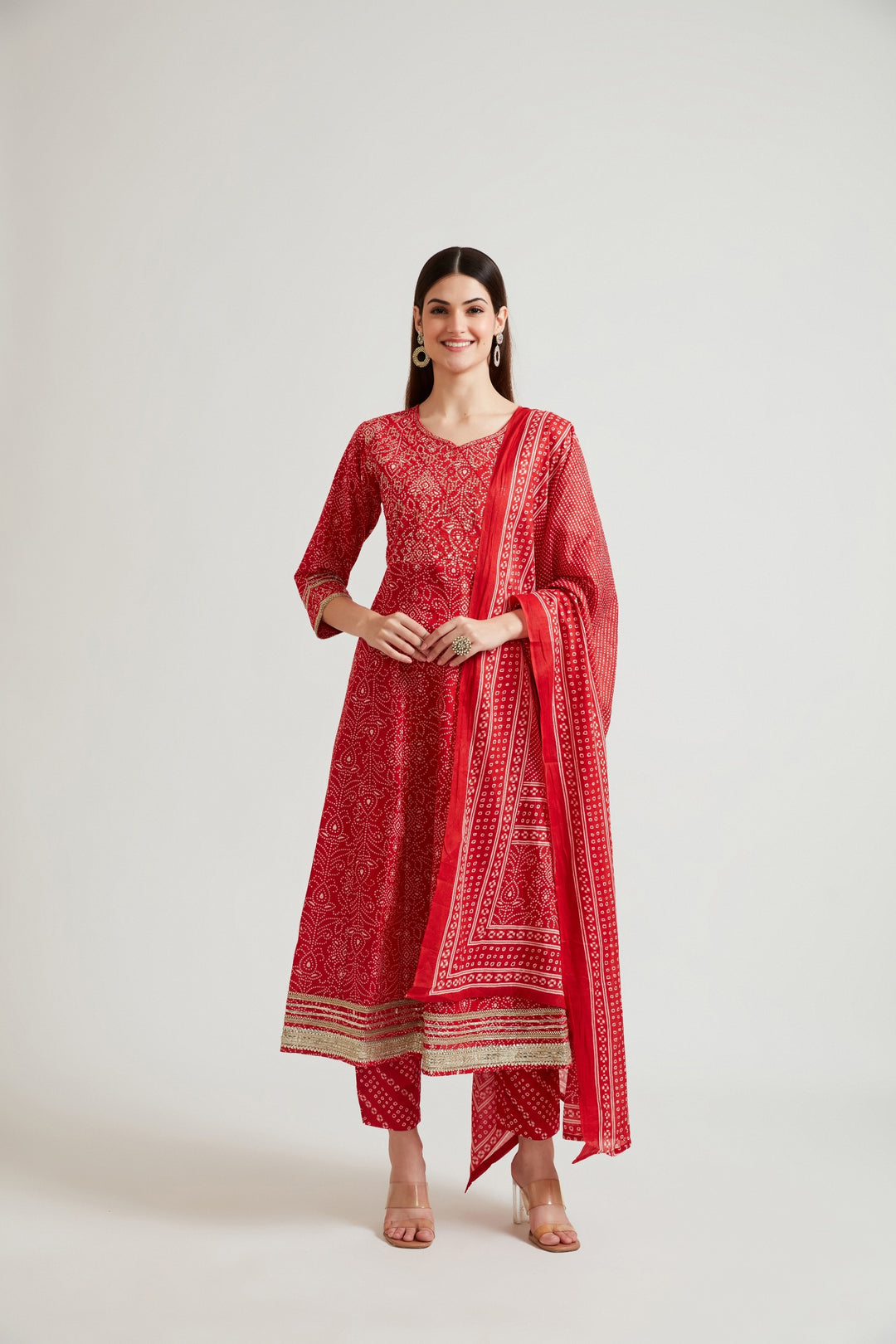 Neerus Red printed embellished panelled suit set with palazzo and dupatta - front view