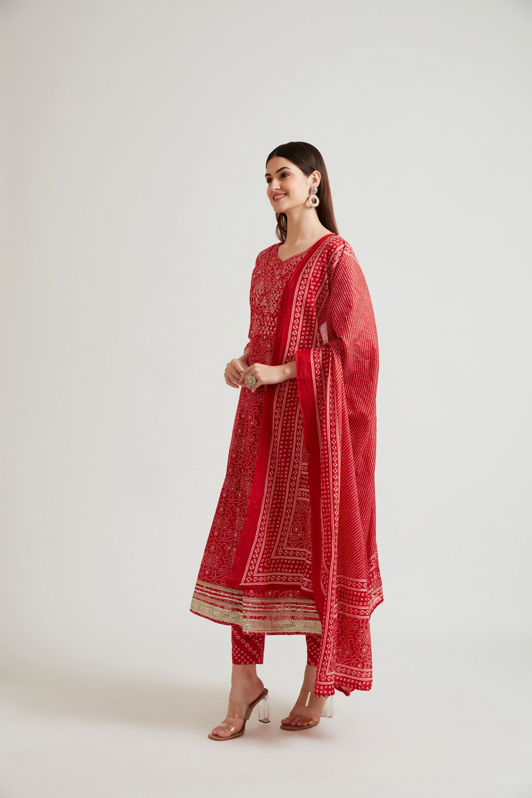 Neerus Red printed embellished panelled suit set with palazzo and dupatta - back view