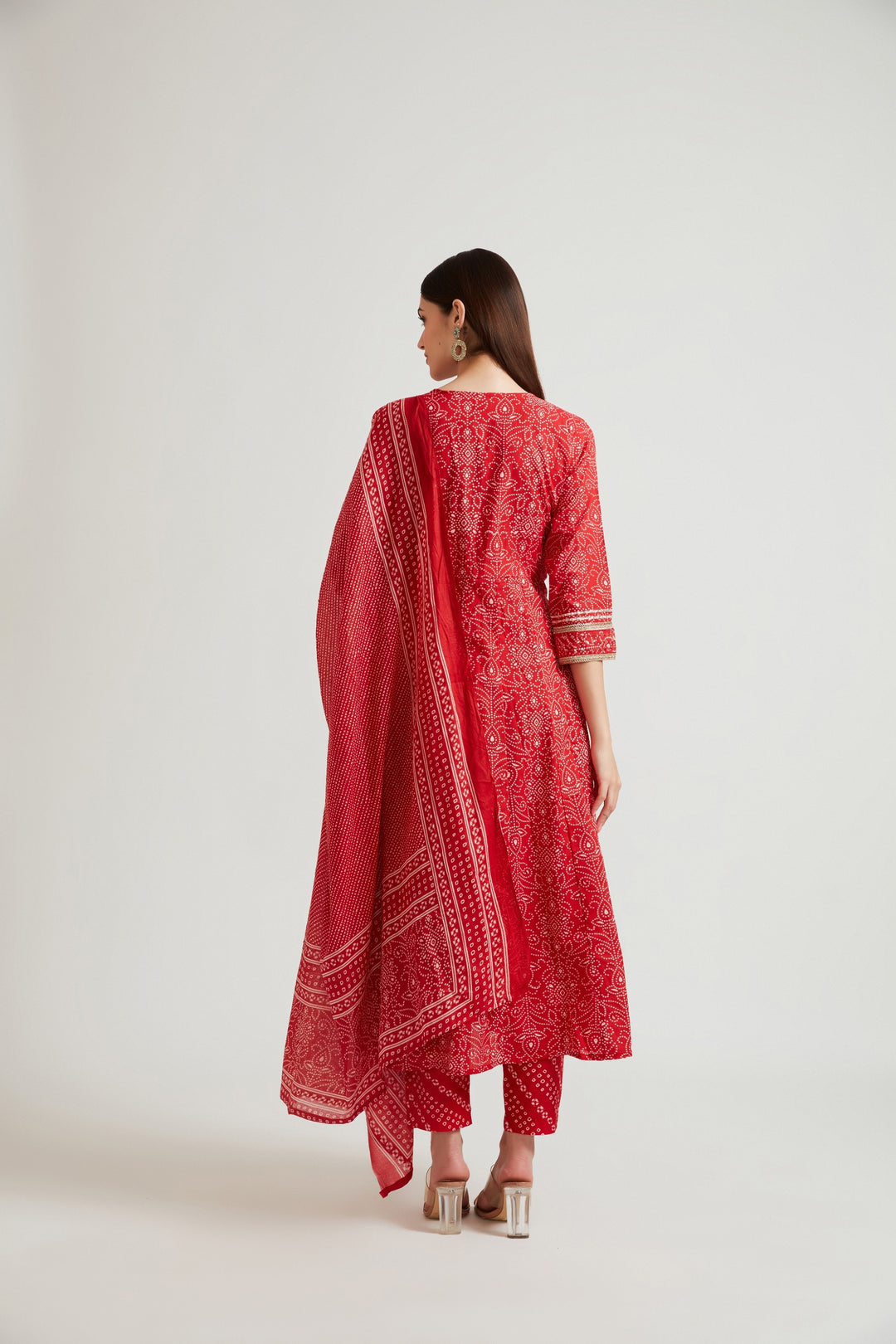 Neerus Red printed embellished panelled suit set with palazzo and dupatta - side view