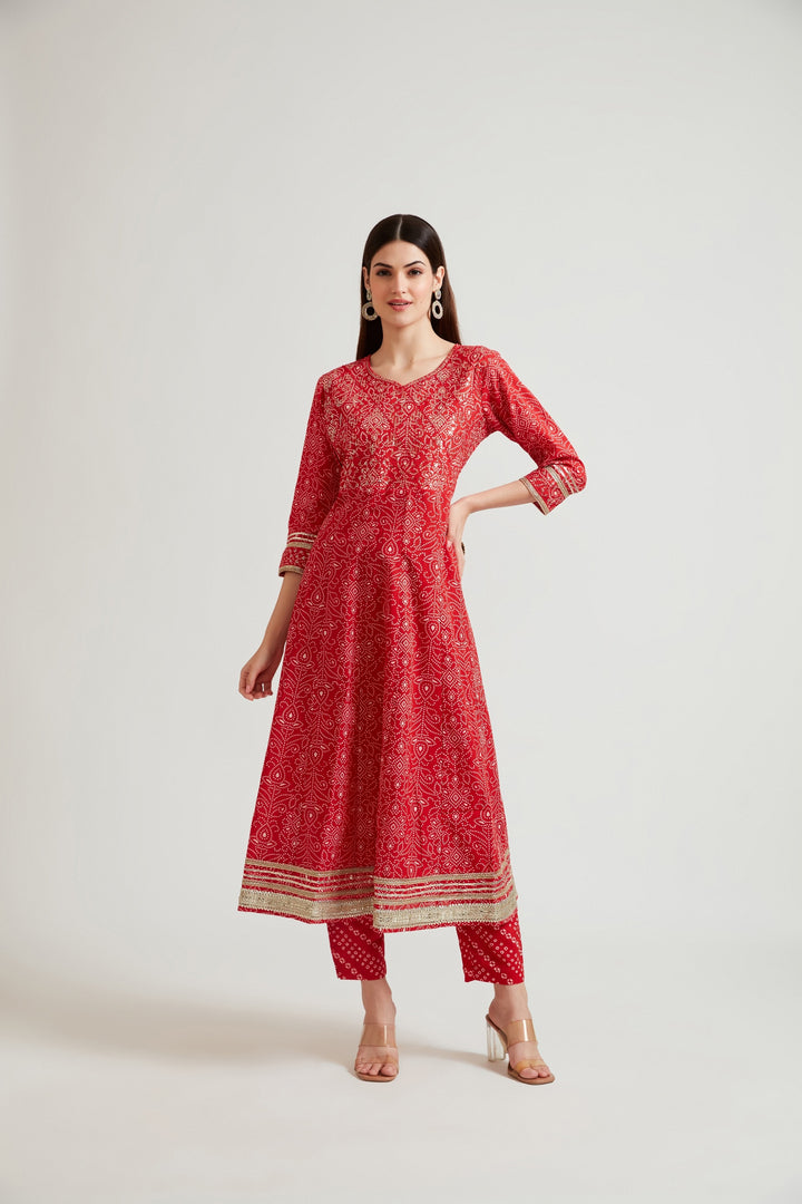 Neerus Red printed embellished panelled suit set with palazzo and dupatta - detail view 2
