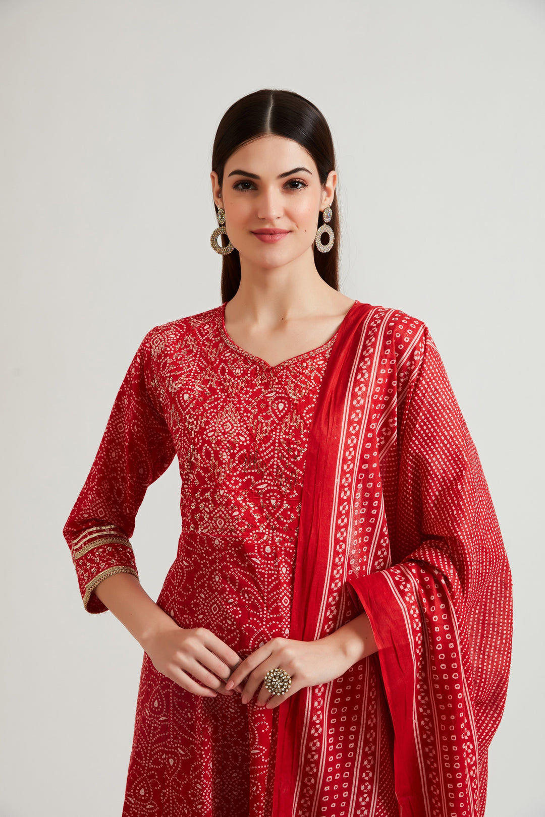 Neerus Red printed embellished panelled suit set with palazzo and dupatta - detail view 1