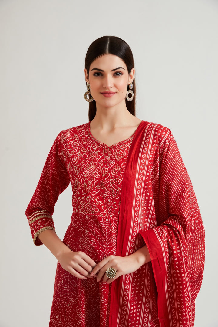 Neerus Red printed embellished panelled suit set with palazzo and dupatta - detail view 1