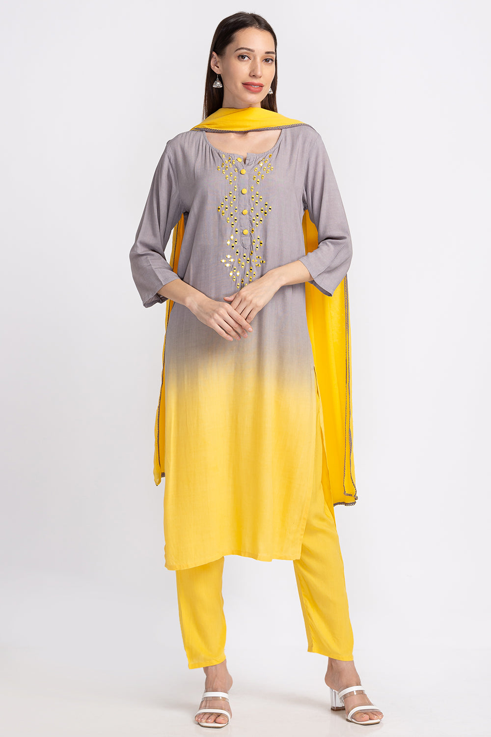 Neerus Ethnic mirror work panelled suit set - front view