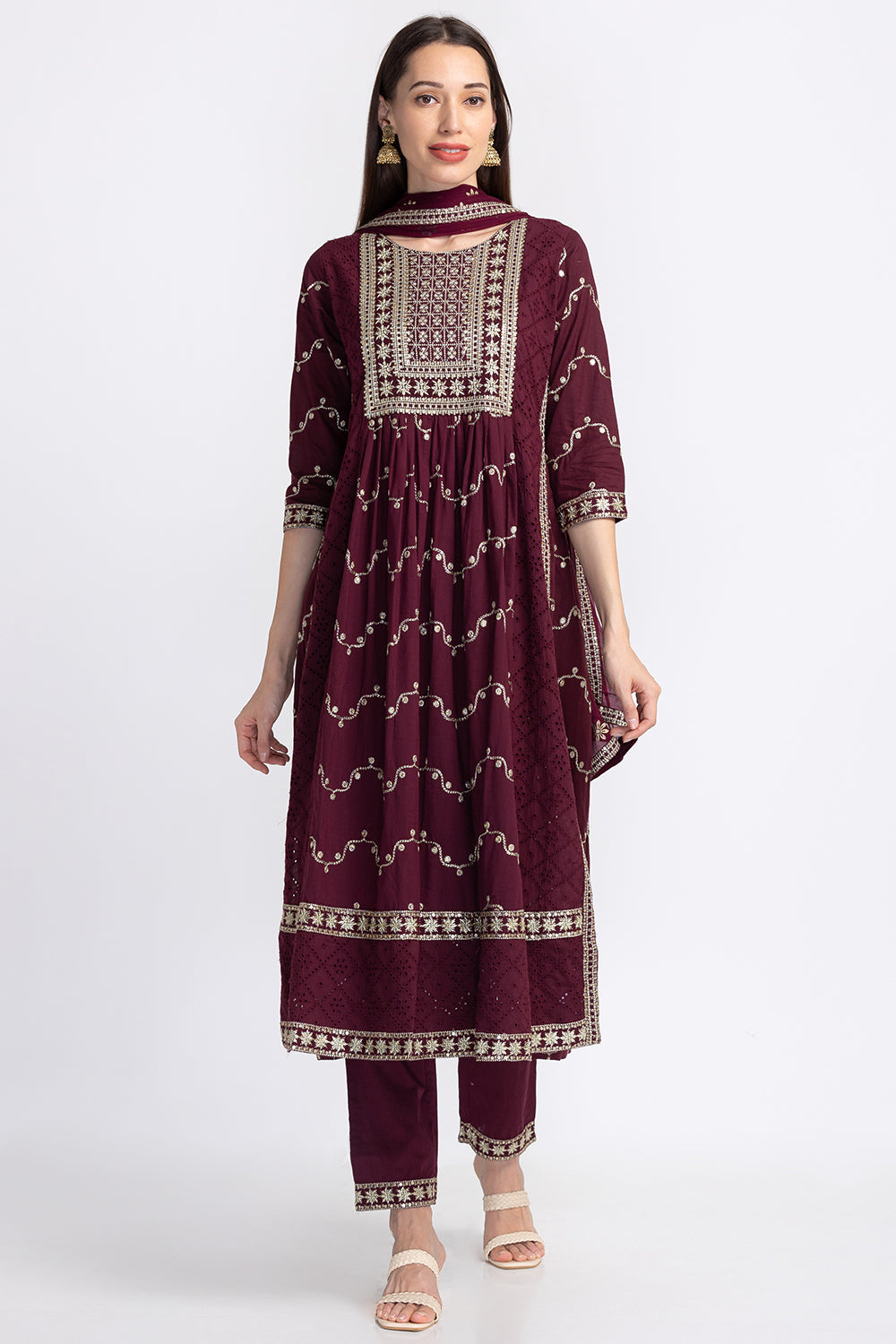 Neerus Floral Embroidered Sequinned Kurta With Trousers Dupatta