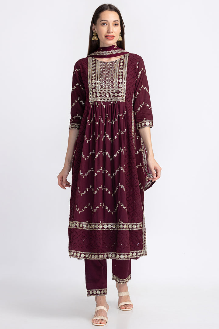 Neerus Floral Embroidered Sequinned Kurta With Trousers Dupatta