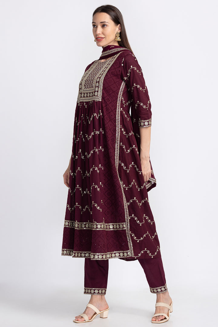 Neerus Floral Embroidered Sequinned Kurta With Trousers Dupatta