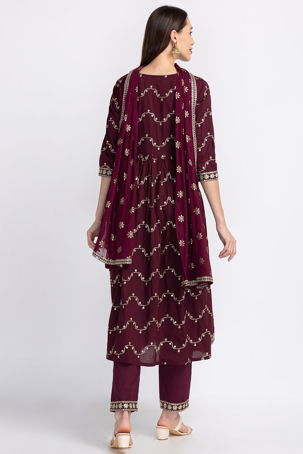 Neerus Floral Embroidered Sequinned Kurta With Trousers Dupatta