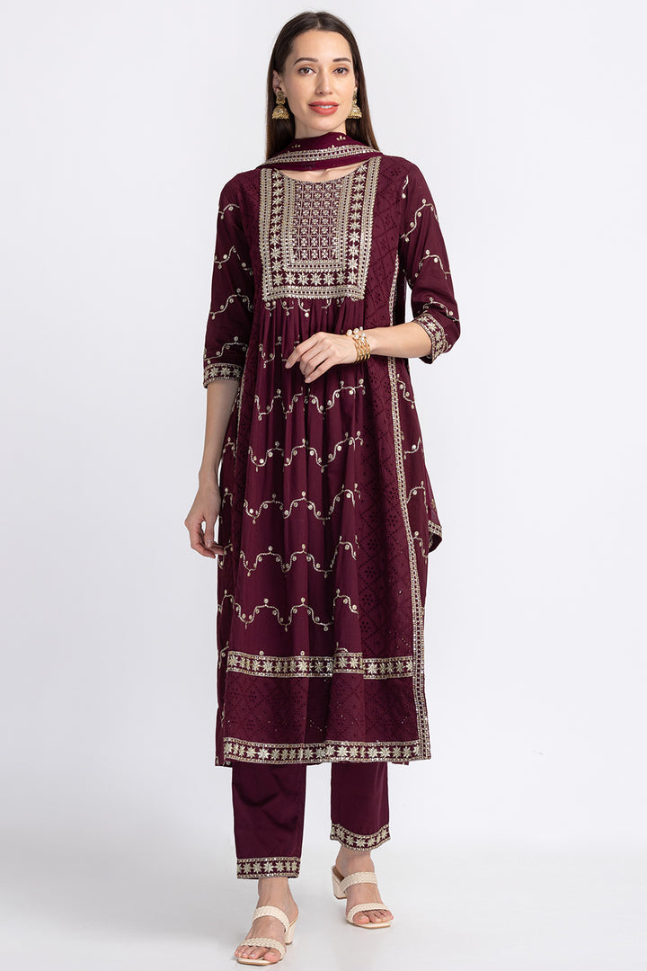 Neerus Floral Embroidered Sequinned Kurta With Trousers Dupatta