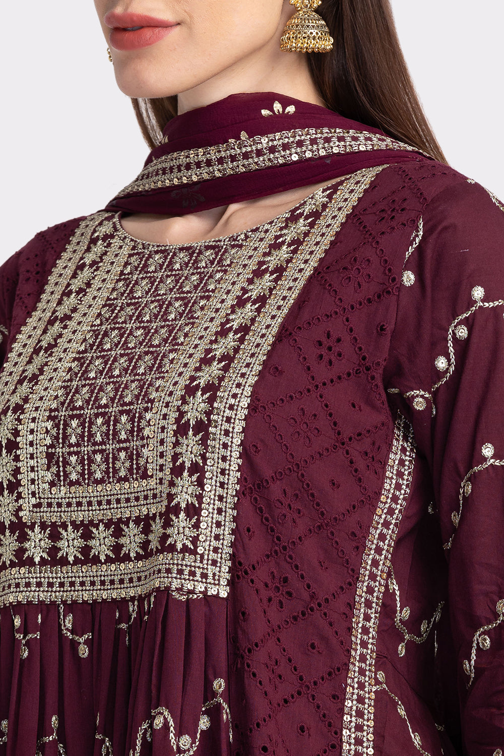 Neerus Floral Embroidered Sequinned Kurta With Trousers Dupatta