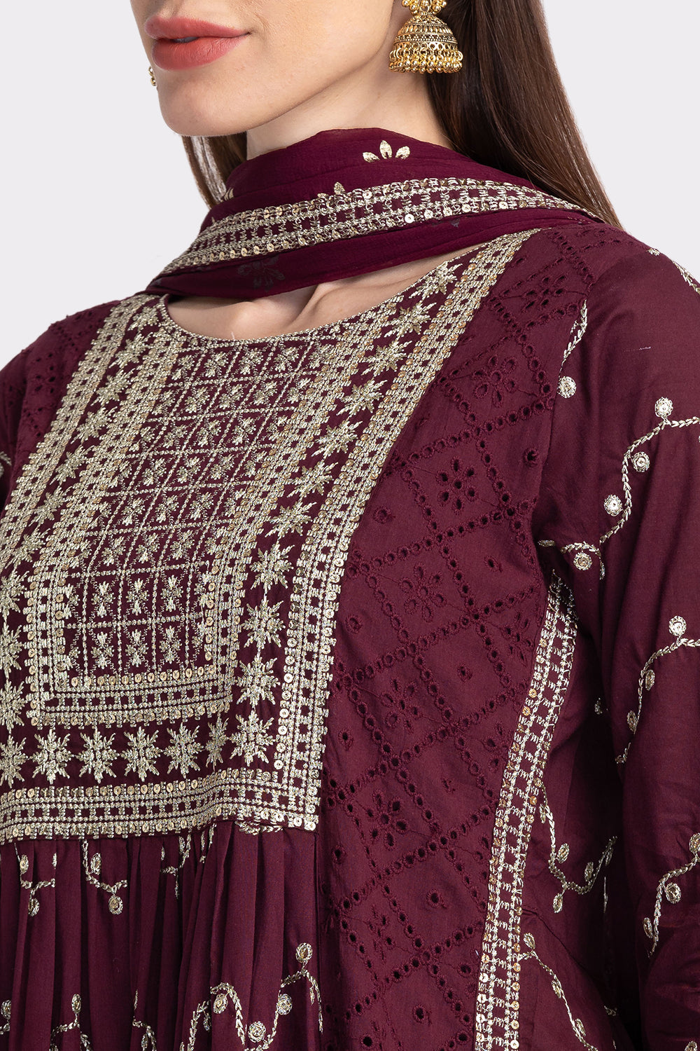 Neerus Floral Embroidered Sequinned Kurta with Trousers  Dupatta
