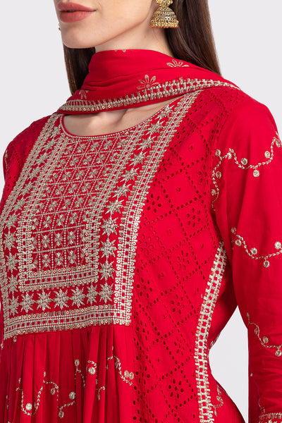 NEERU'S RED COLOR COTTON FABRIC EMBROIDERED KURTA TROUSER WITH DUPATTA