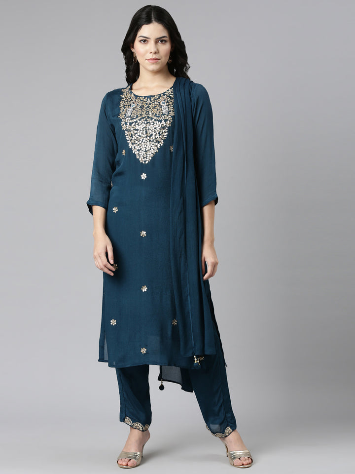 Neerus Green Regular Straight Embroidered Kurta And Trousers With Dupatta