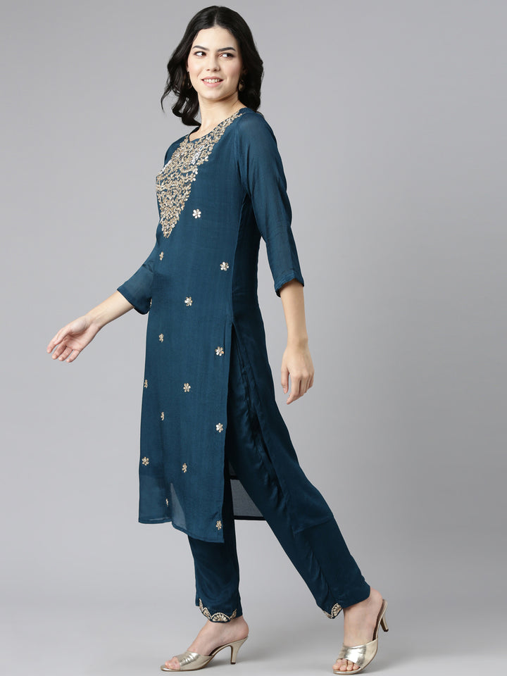 Neerus Green Regular Straight Embroidered Kurta And Trousers With Dupatta