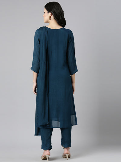 Neerus Green Regular Straight Embroidered Kurta And Trousers With Dupatta