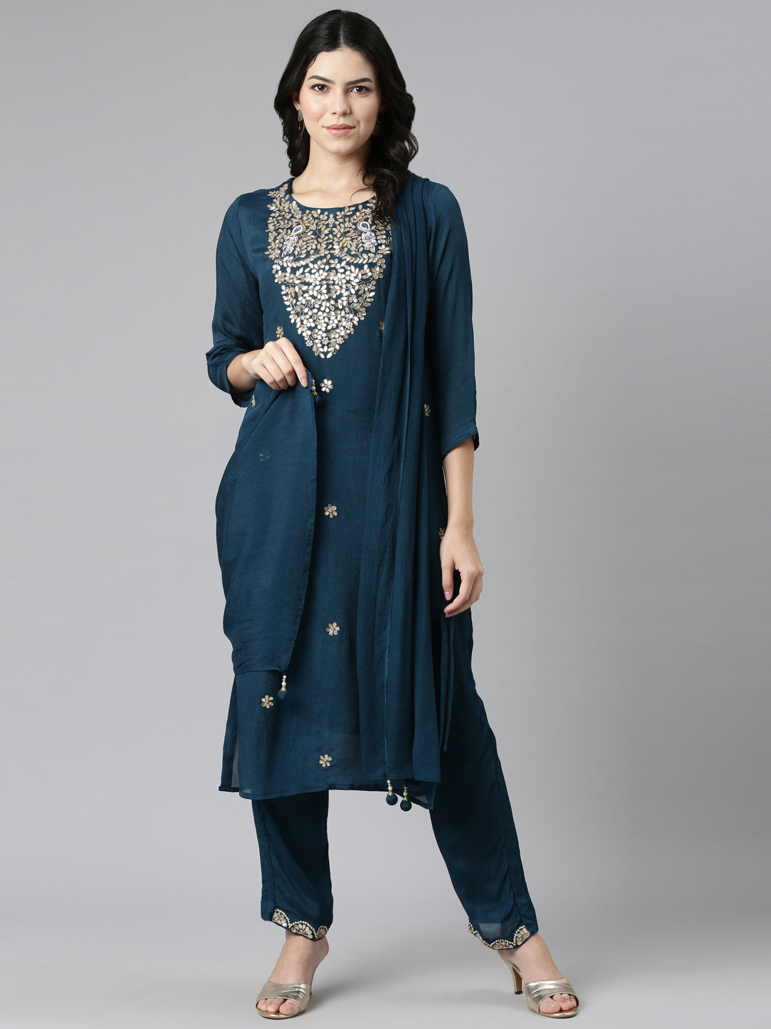 Neerus Green Regular Straight Embroidered Kurta And Trousers With Dupatta