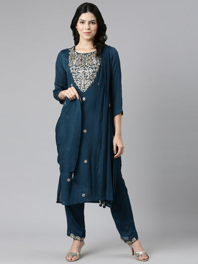Neerus Green Regular Straight Embroidered Kurta And Trousers With Dupatta