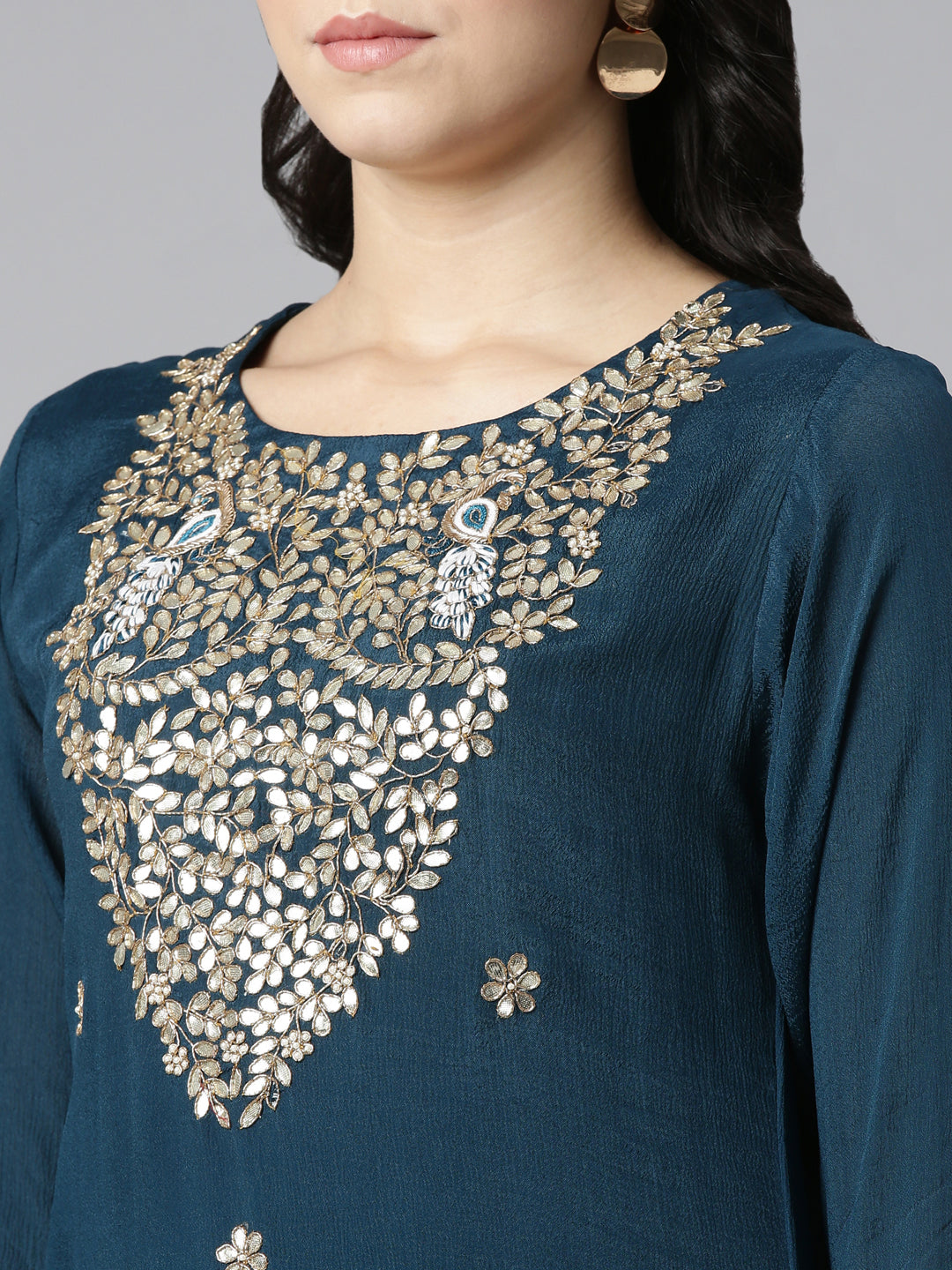 Neerus Green Regular Straight Embroidered Kurta And Trousers With Dupatta