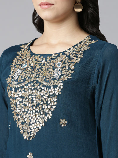 Neerus Green Regular Straight Embroidered Kurta And Trousers With Dupatta
