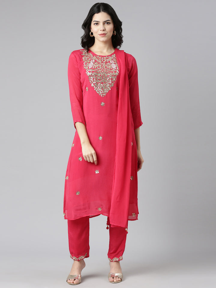 Neerus Pink embroidered straight kurta set with dupatta - front view