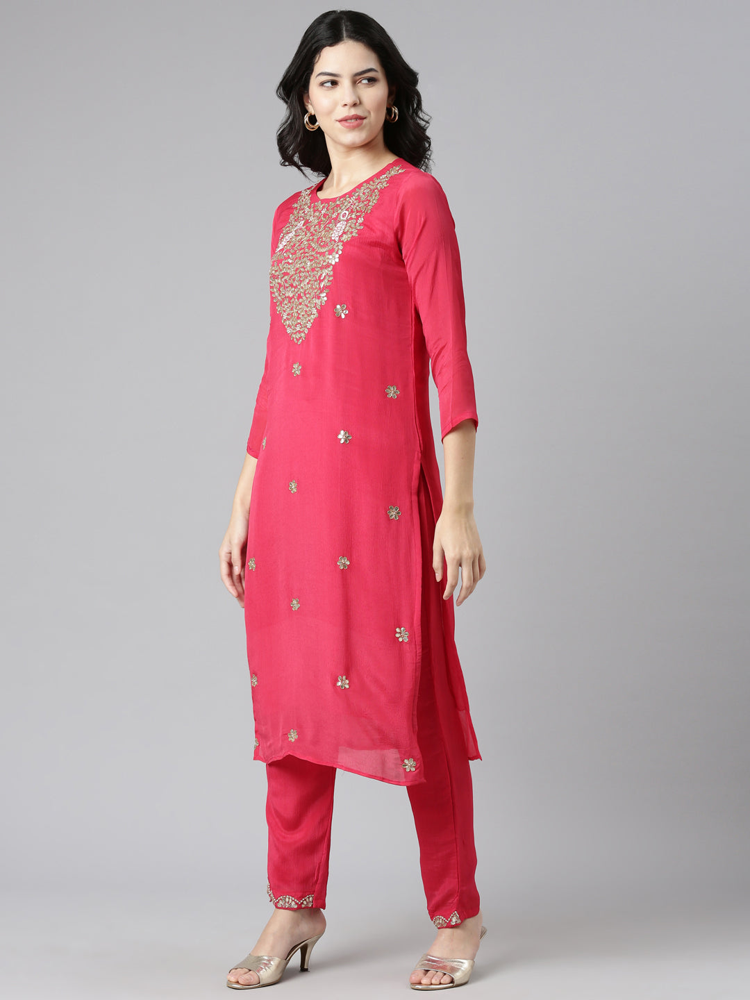 Neerus Pink embroidered straight kurta set with dupatta - back view