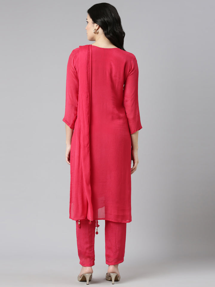 Neerus Pink embroidered straight kurta set with dupatta - side view