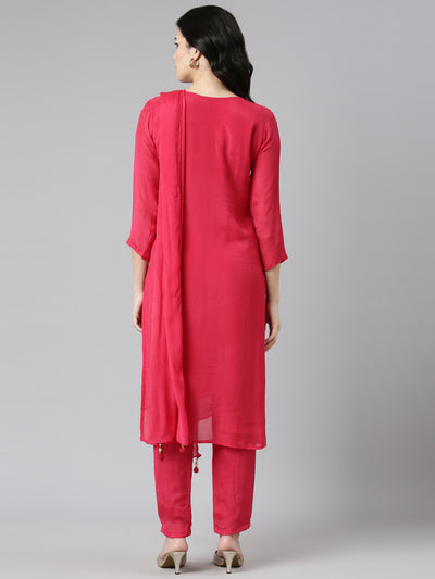 Neeru's Pink Regular Straight Embroidered Kurta And Trousers With Dupatta