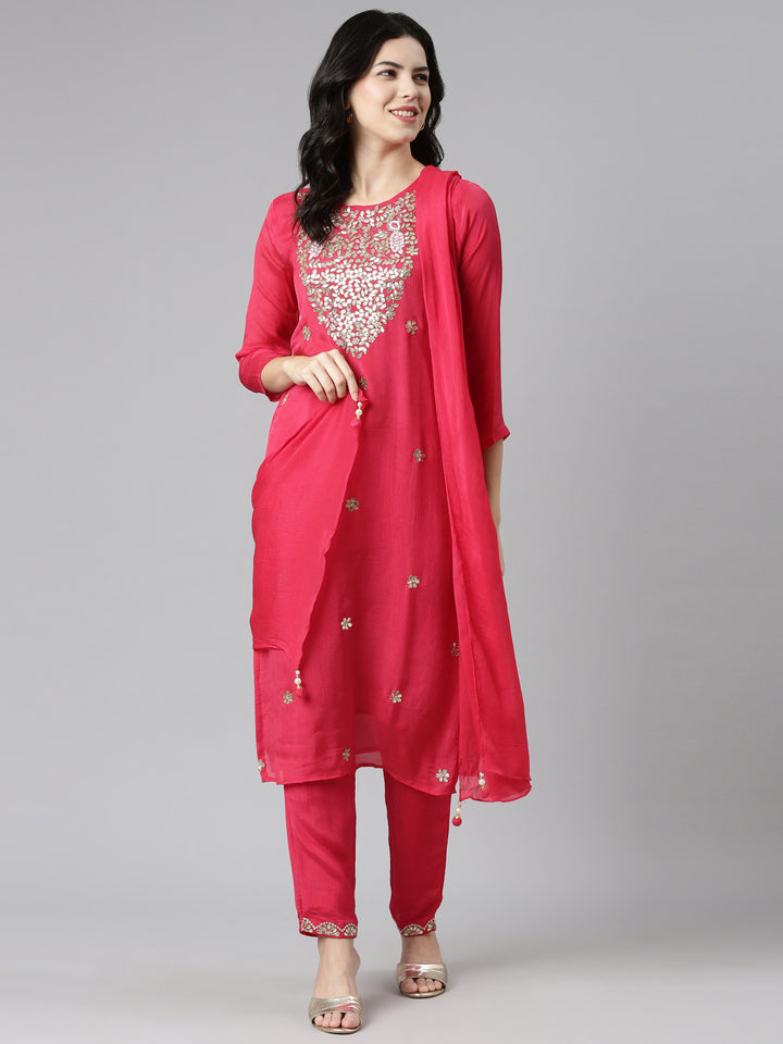 Neerus Pink embroidered straight kurta set with dupatta - detail view 2