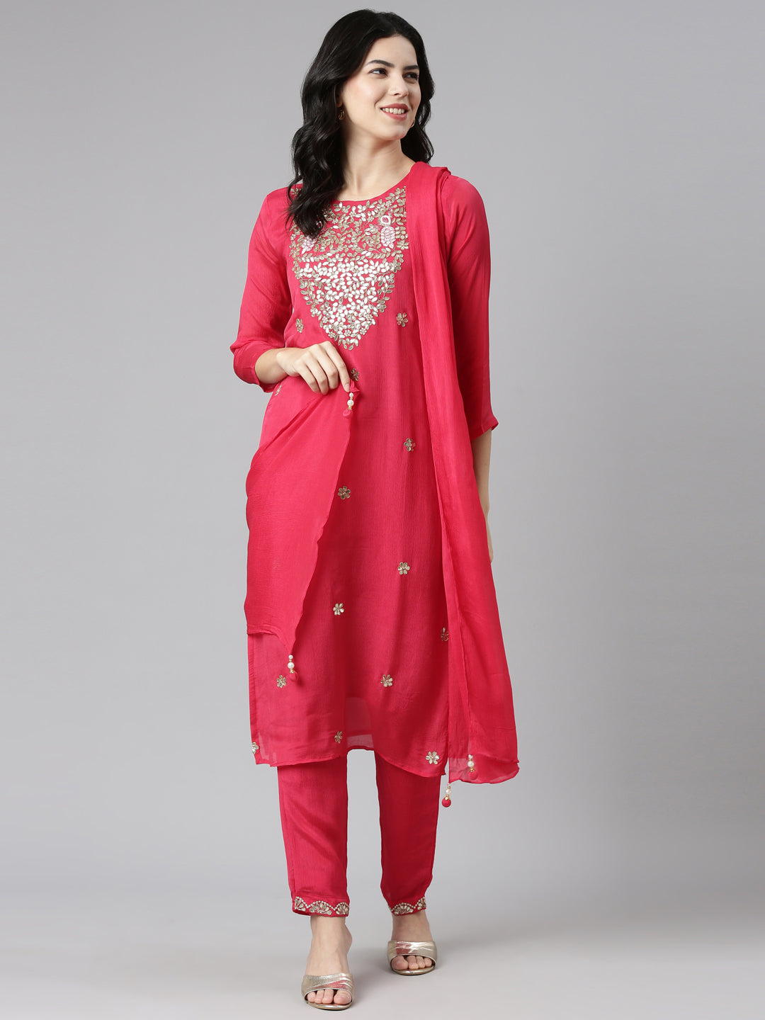 Neeru's Pink Regular Straight Embroidered Kurta And Trousers With Dupatta