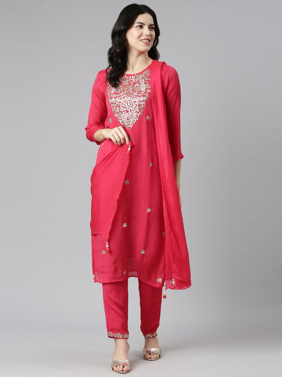Neeru's Pink Regular Straight Embroidered Kurta And Trousers With Dupatta