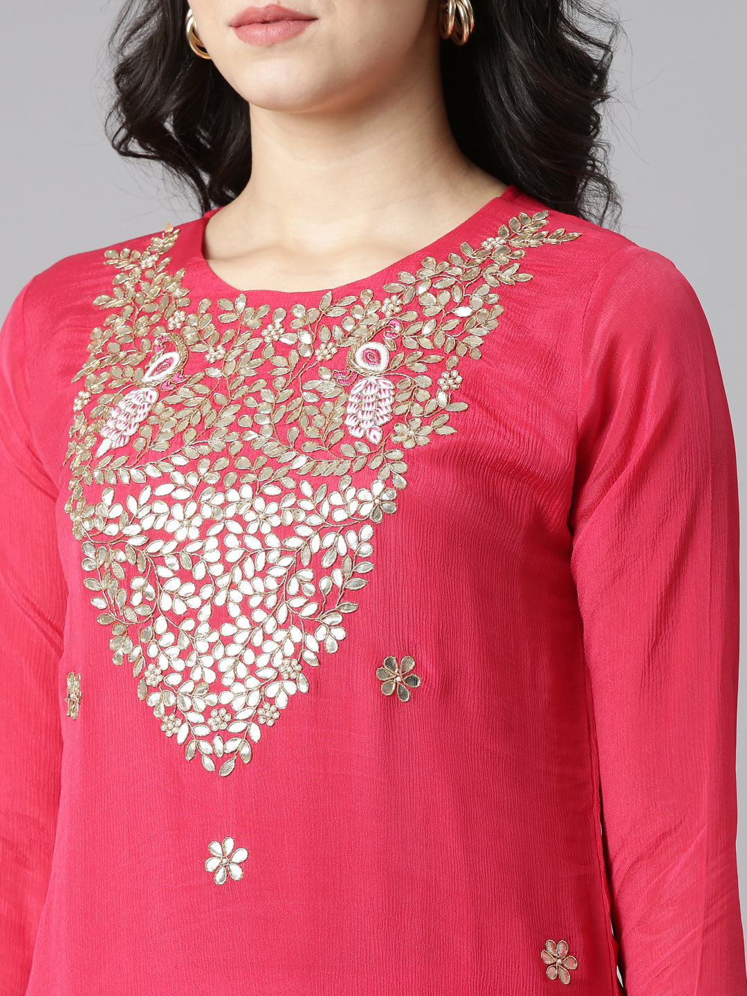 Neerus Pink embroidered straight kurta set with dupatta - detail view 1