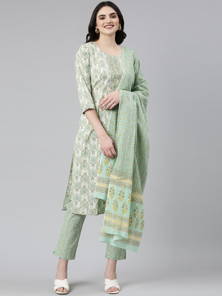 Neerus Green cotton printed kurta set with trouser and dupatta - front view