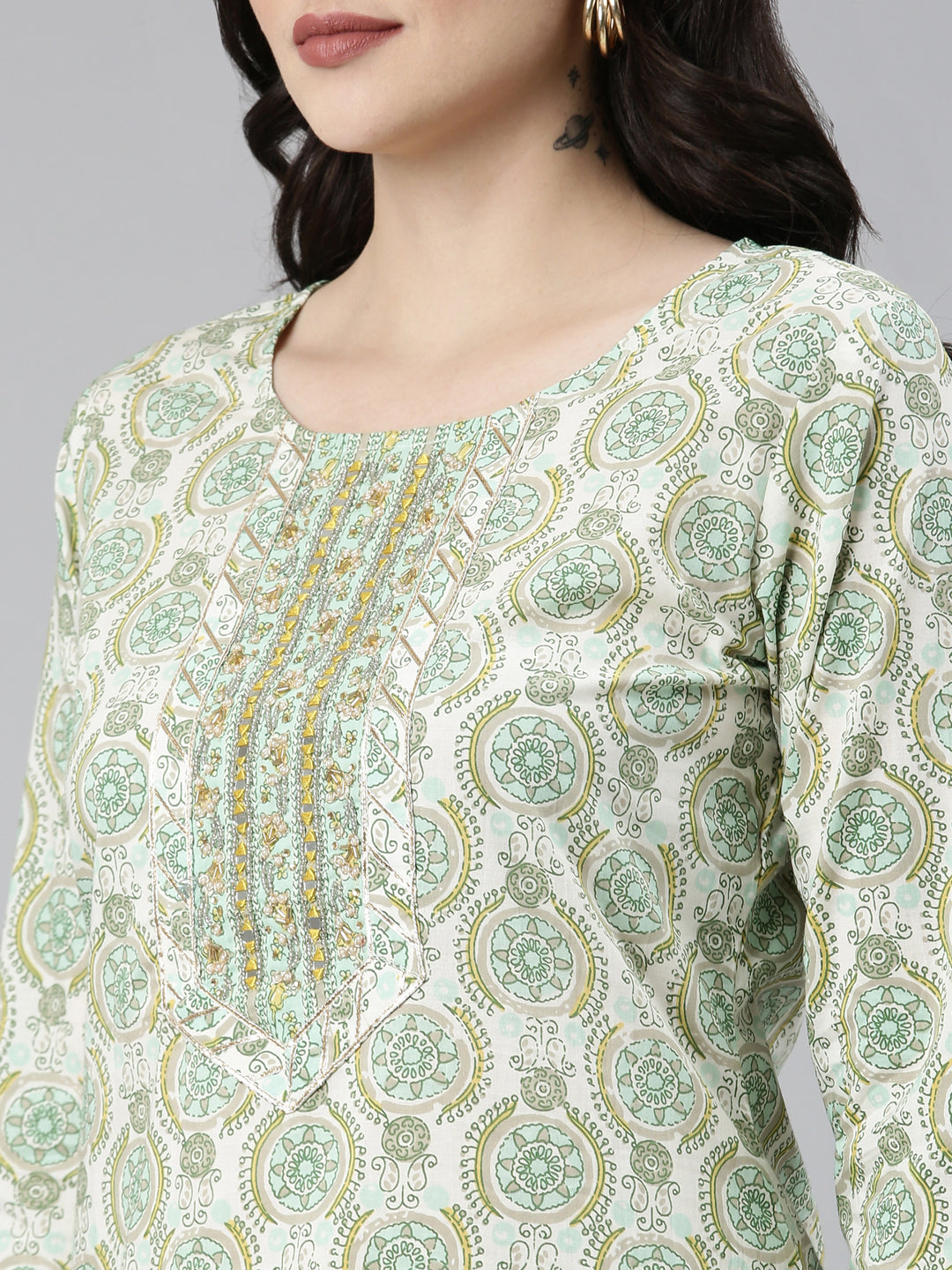 Neerus Green cotton printed kurta set with trouser and dupatta - detail view 1