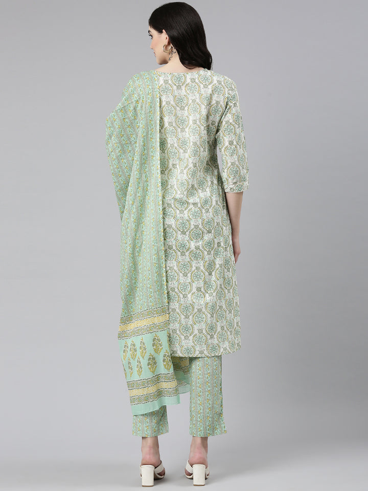 Neerus Green cotton printed kurta set with trouser and dupatta - side view