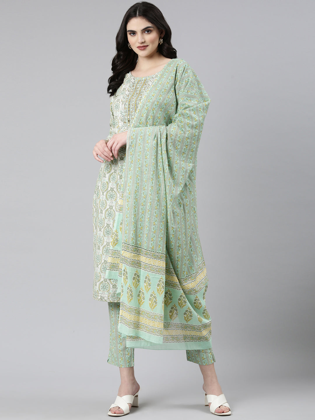 Neerus Green cotton printed kurta set with trouser and dupatta - detail view 2