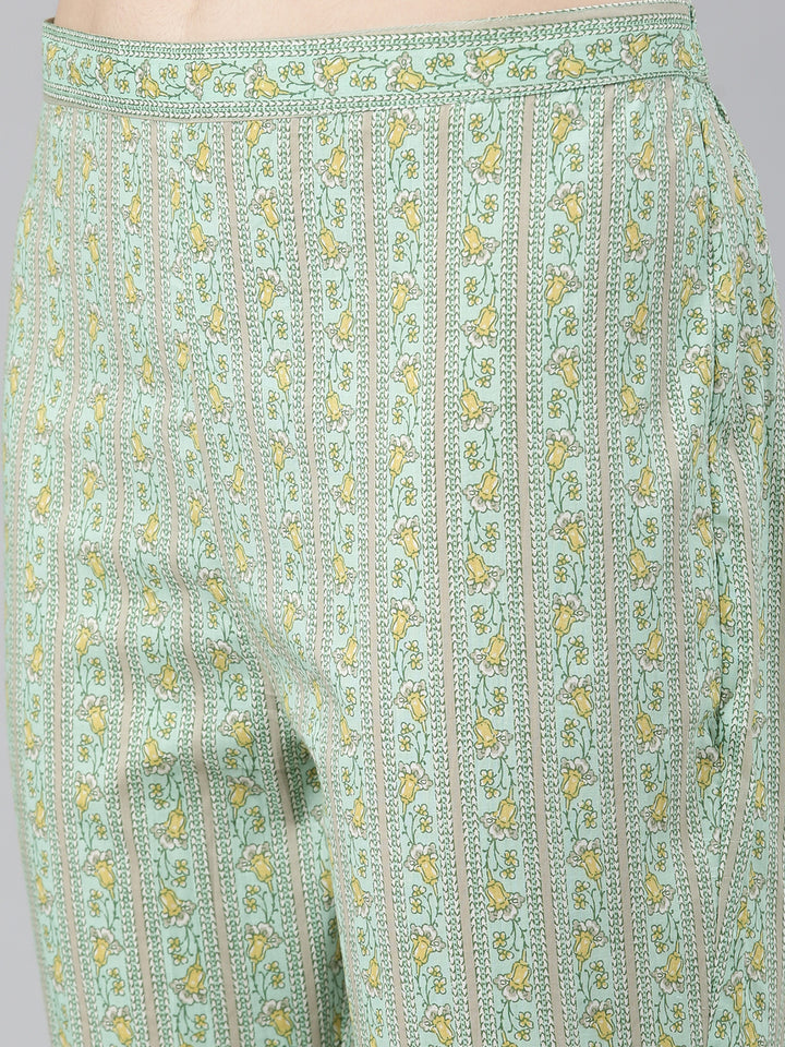 Neerus Green cotton printed kurta set with trouser and dupatta - detail view 3