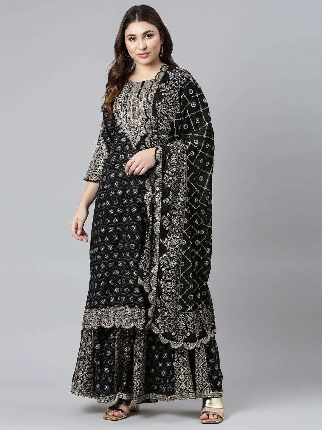 Neerus Black Regular Straight Printed Kurta And Sharara With Dupatta