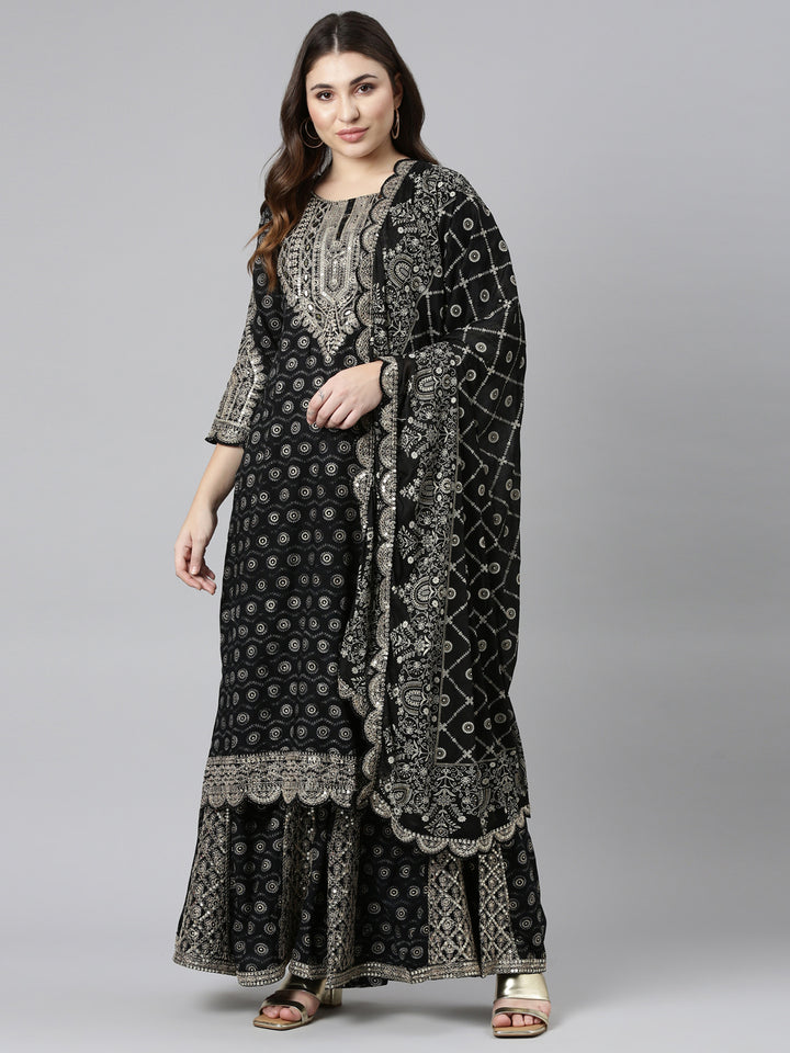 Neerus Black Regular Straight Printed Kurta And Sharara With Dupatta