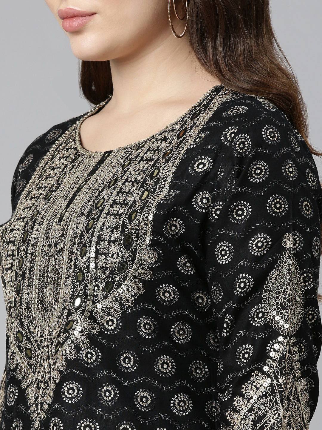 Neerus Black Regular Straight Printed Kurta And Sharara With Dupatta