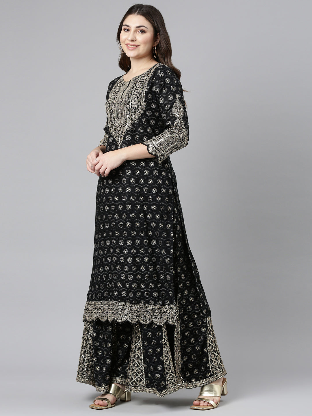 Neerus Black Regular Straight Printed Kurta And Sharara With Dupatta