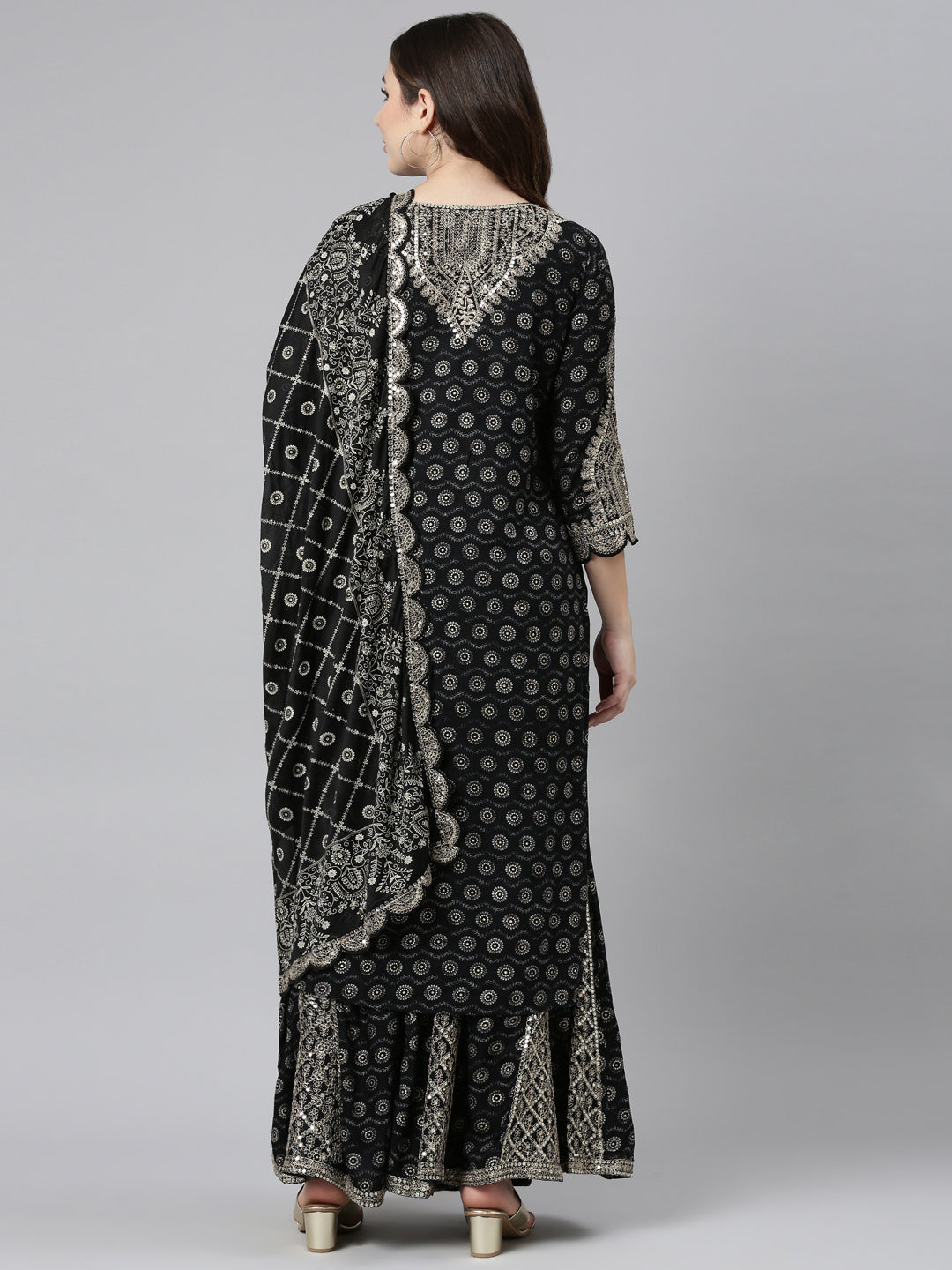 Neerus Black Regular Straight Printed Kurta And Sharara With Dupatta