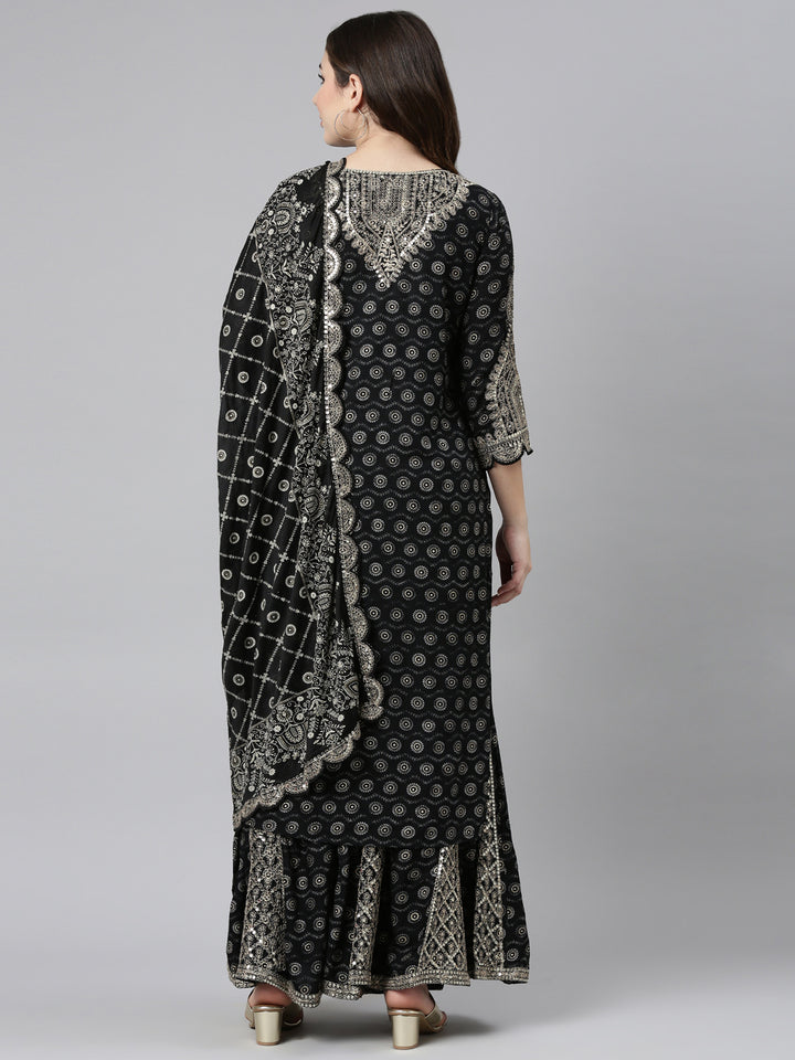 Neerus Black Regular Straight Printed Kurta And Sharara With Dupatta