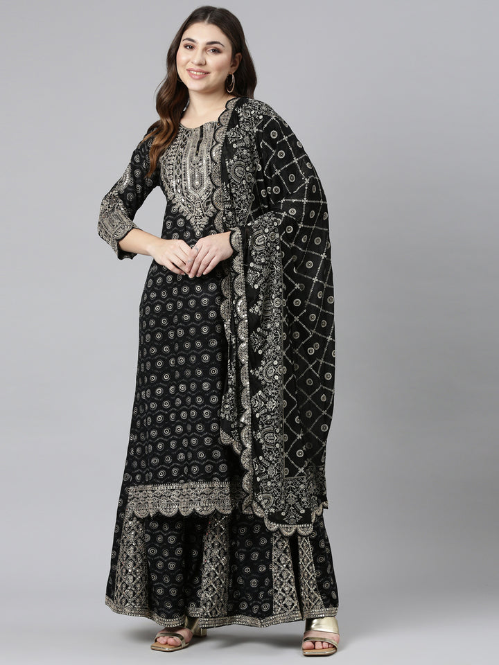Neerus Black Regular Straight Printed Kurta And Sharara With Dupatta