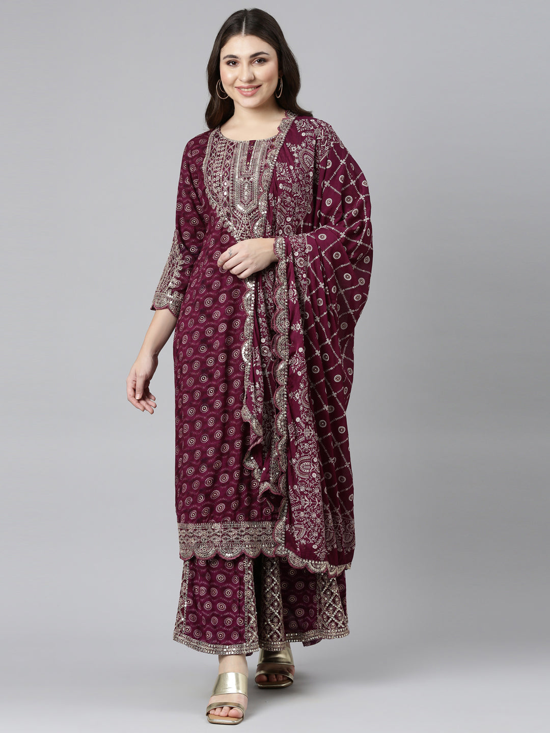 Neerus Purple printed straight kurta sharara set - front view