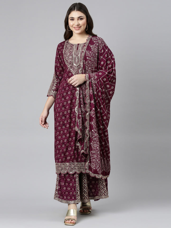 Neerus Purple printed straight kurta sharara set - front view