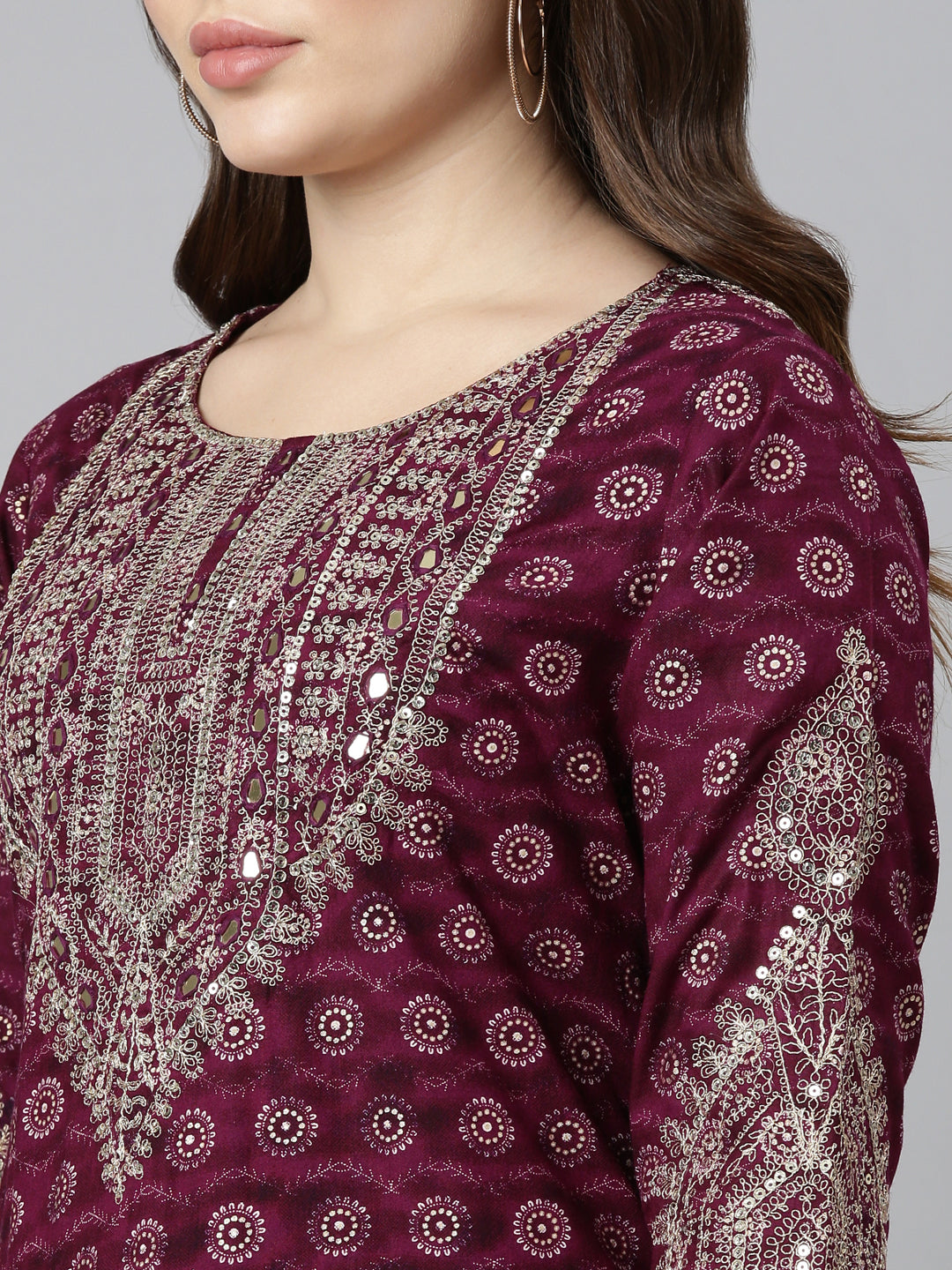Neerus Purple printed straight kurta sharara set - detail view 1