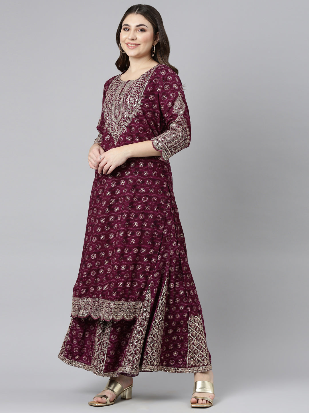 Neerus Purple printed straight kurta sharara set - back view