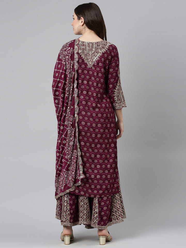 Neerus Purple printed straight kurta sharara set - side view