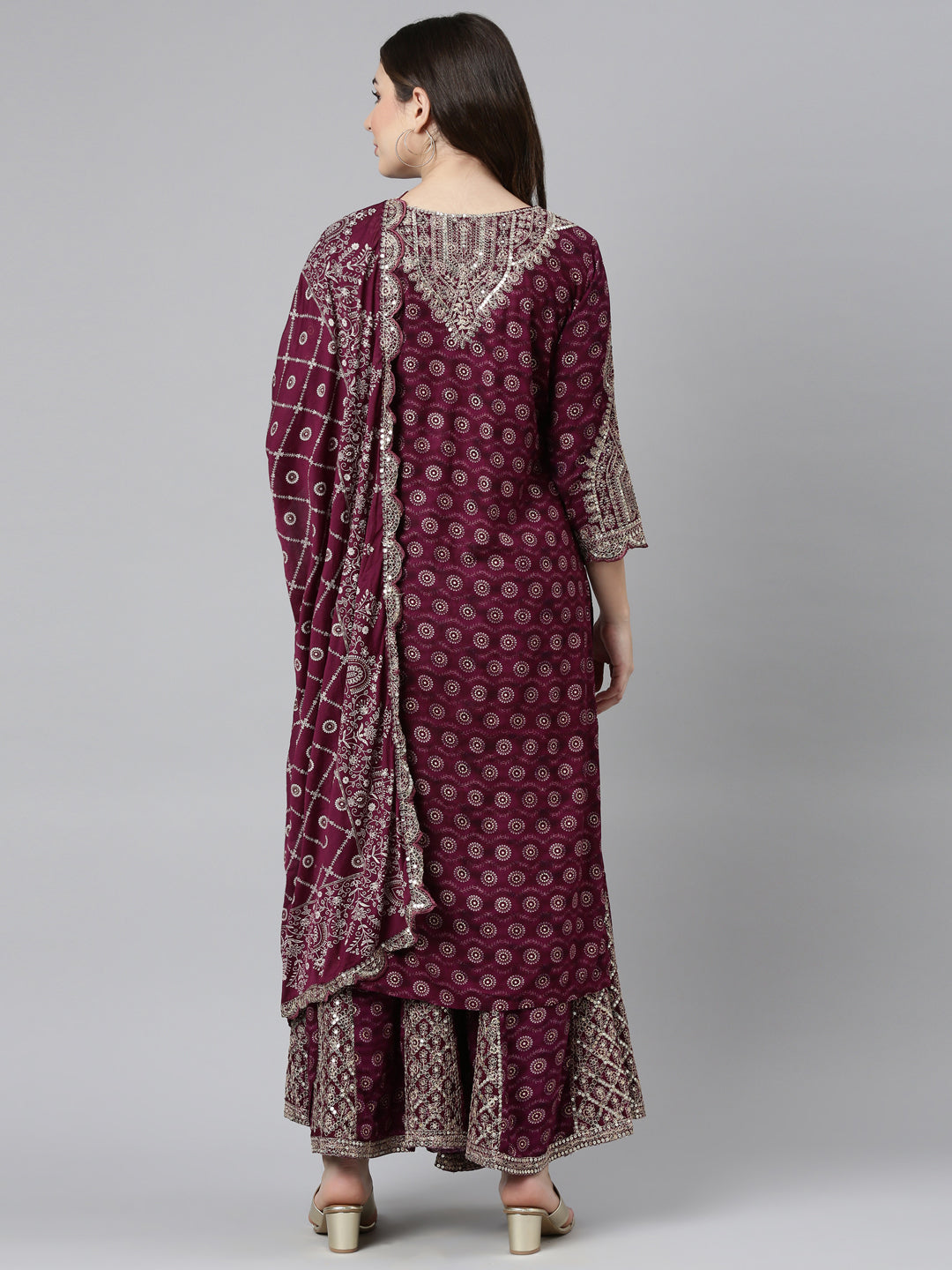Neerus Purple Regular Straight Printed Kurta And Sharara With Dupatta